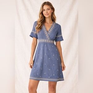 Faherty Navy Elena Embroidered Dress, M, Boho, Cotton, Summer, Coastal